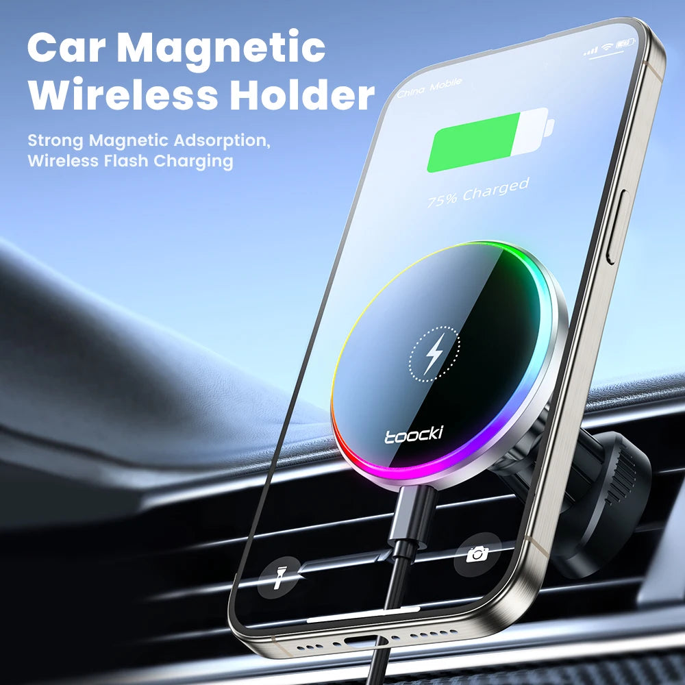 Toocki RGB Magnetic Car Phone Holder 15W Wireless Charger Car For iPhone 15 14 13 Pro Max Samsung Phone Car Charger Holder Stand