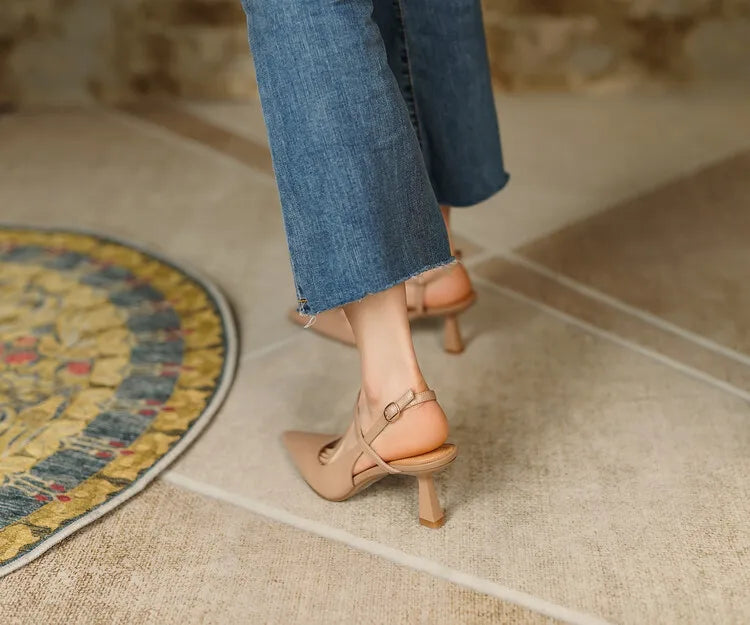 Summer Women Shoes Pointed Toe Thin Heel Women Sandals Genuine Leather Shoes for Women Slingback Elegant High Heels Party Shoes
