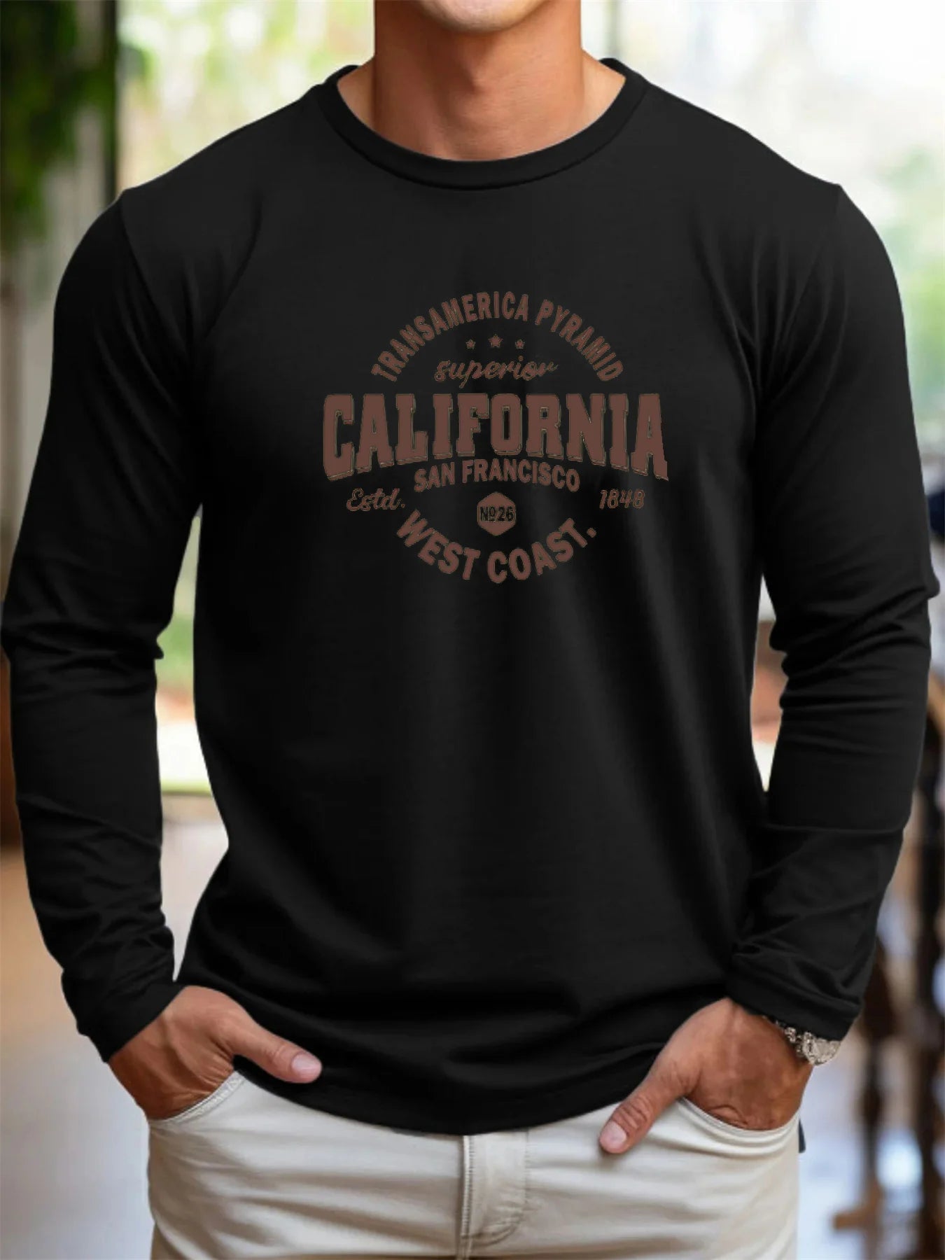 Men's 100% pure cotton loose fit comfortable sports and leisure California West Coast printed round neck long sleeved T-shirt