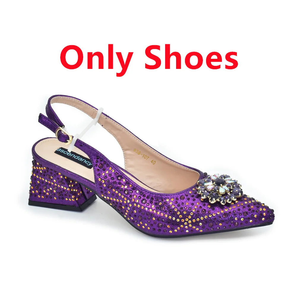 Elegant Baldauren Women’s Italian-Style Pointed Toe Slingback Pumps with Crystal Rhinestones & Matching Bag – African Party & Wedding Set (Sizes 37-43)