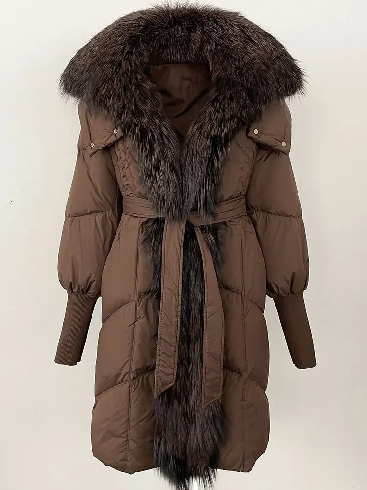 2025 Autumn Winter Women Coat Real Natural Fox Fur Long Down Jacket Thick Warm Casual Hooded White Duck Down Elegant Overwears