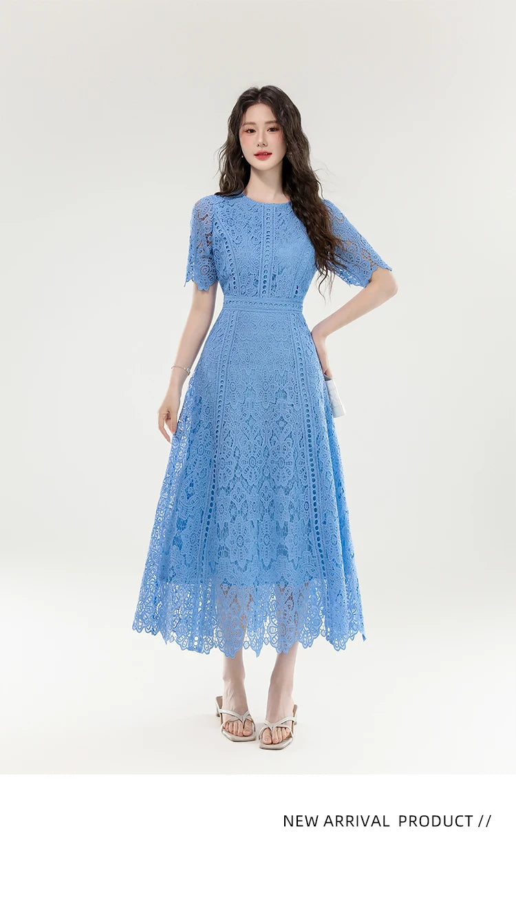 2025 New Summer French Elegant Fashion Evening Dress Women Lace Hollow Out Crochet Party Dress Casual Chic Holidays Clothing