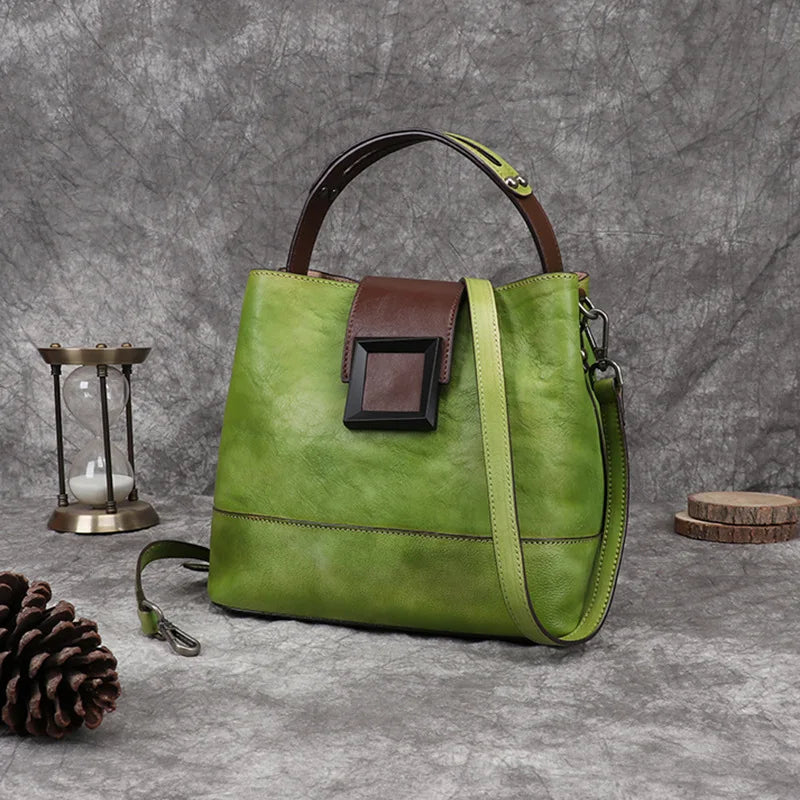 MOTAORA Women's Vintage Bucket Bag Genuine Top-Grain Leather Handmade Purse Luxury Designer Casual Office Travel Shoulder Bag