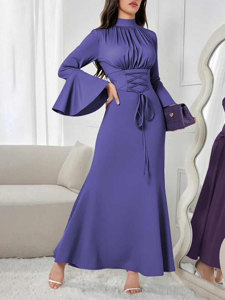Rafiah Women's Summer Dress Mature Vibe Plain Lace-Up Flare Sleeve Mock Neck A-Line Party Long Dresses Evening Dresses 2025