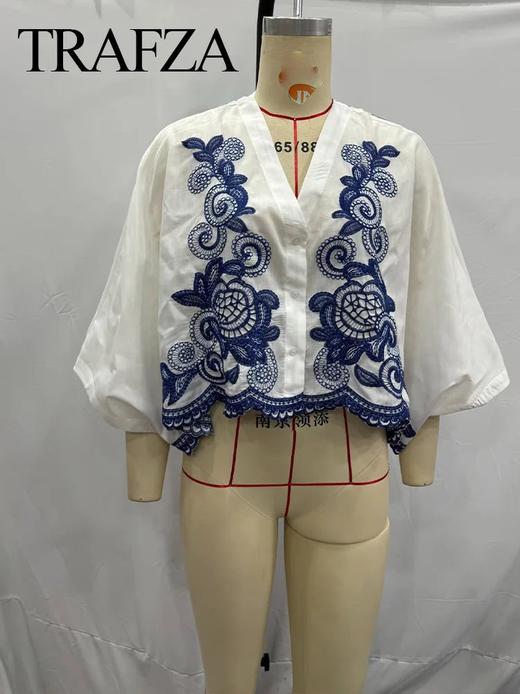 TRAFZA 2024 Women Skirt Set Blue Embroidery Three Quarter Bat Sleeve Shirt +Folds A Line Long Skirt Casual Loose Beach Holiday