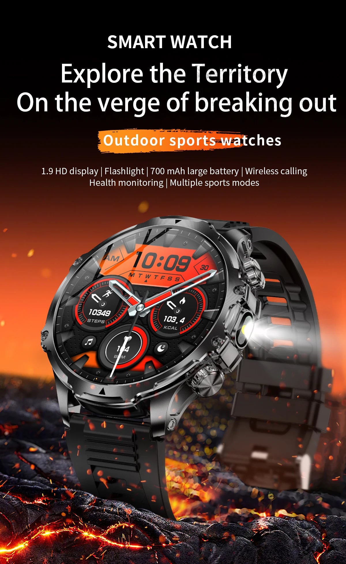 LIGE New 1.9" AMOLED 416*416 Screen Smart Watches Flashlight Outdoors Sports Fitness Tracker 700mah Large Battery Men Smartwatch