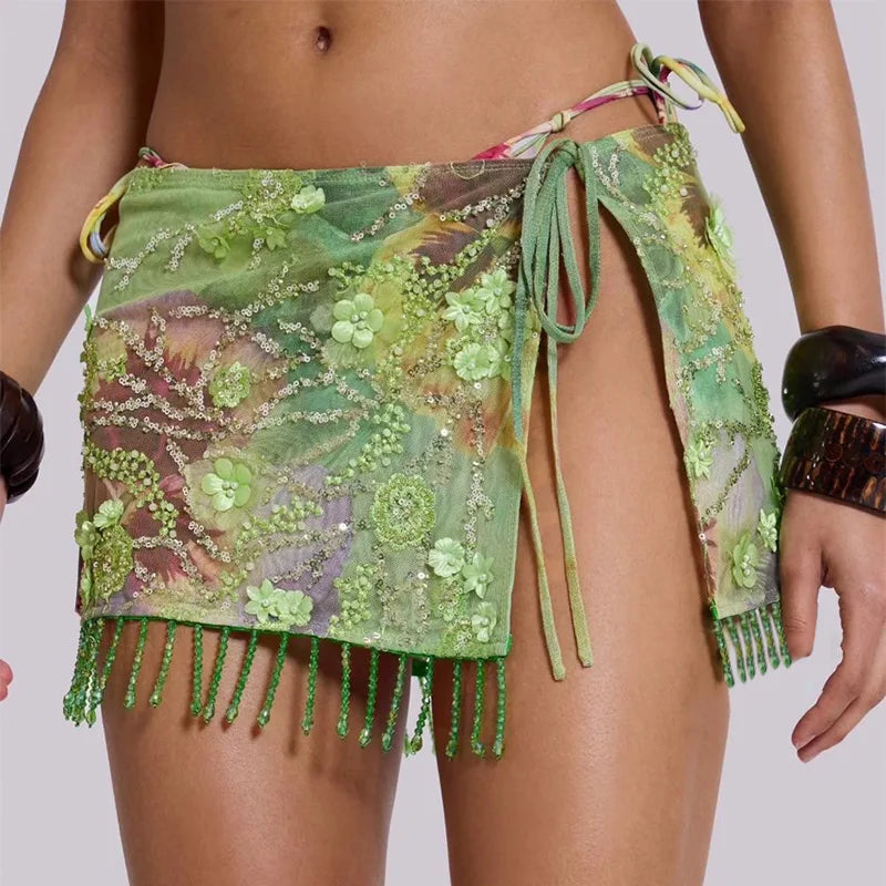 Sexy Sequin Tassel Mini Skirt Women Lace Up Bead Flower High Waist Holiday Skirts 2025 Summer Beach Green Print Robe Lady
