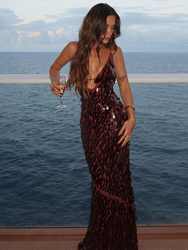 Glitter Sequins Spaghetti Strap Evening Gown – Women’s Sleeveless Backless Floor-Length Party Dress
