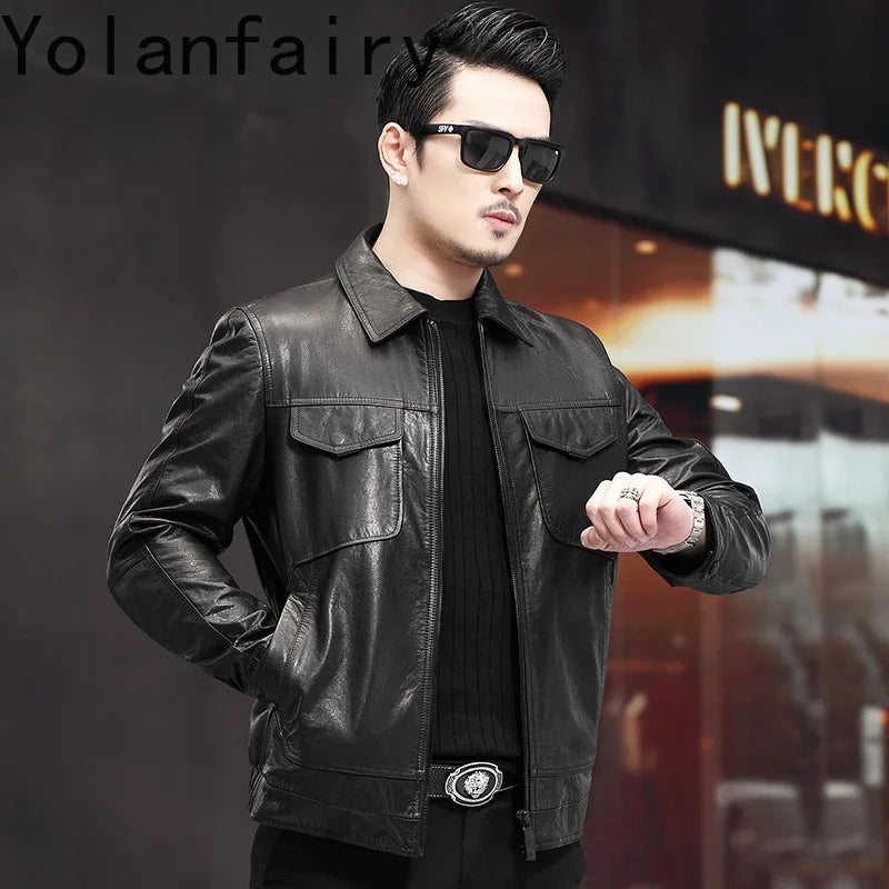 Men's Distressed Genuine Cowhide Leather Jacket – Spring Autumn Casual Slim Fit
