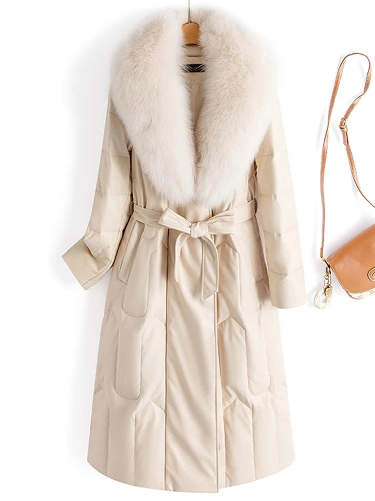 New Women Winter Leather Down Coat Fashion Real Fox Fur Collar Slim Waist Long Leather Coat Casual Thick Warm Overcoat