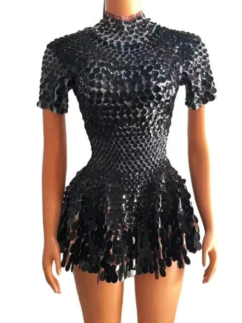 Sexy Black Shell Sequins Mini Dress – Stage, Club & Birthday Performance Wear
