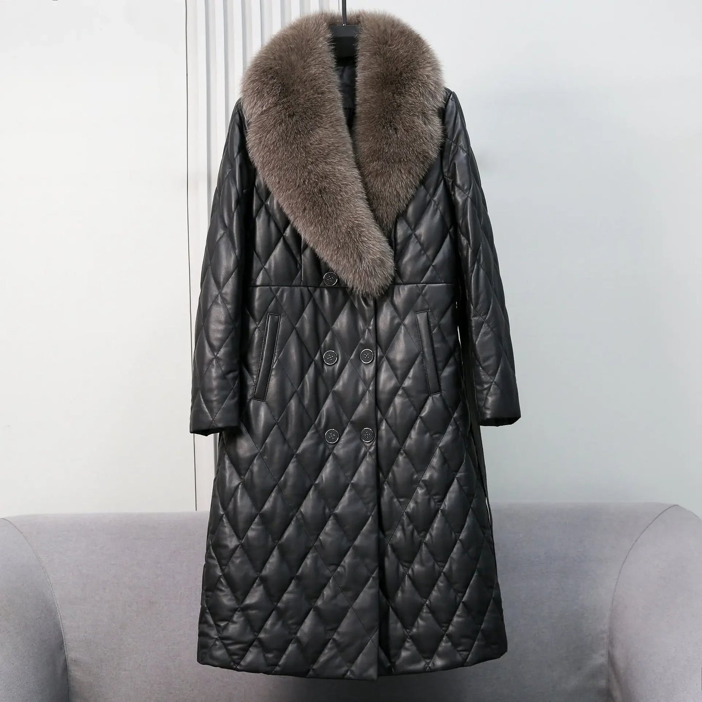 Tcyeek Winter Natural Fox Fur Collar Coat Mid-long Slim Sheepskin Coats Women Clothes Real Leather Down Jacket Lady Veste Femme