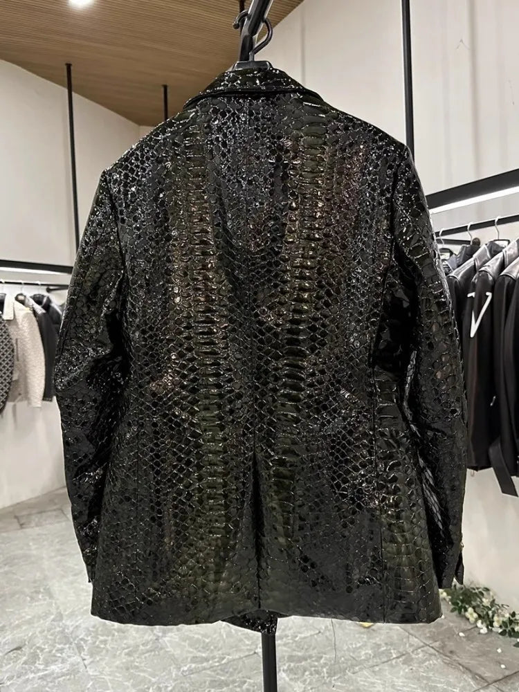 Luxury Mens Genuine Leather Coat Long Sleeve Turn-Down Collar Designer New Fashion Casual Snake Pattern Sheepskin Suit Jacket