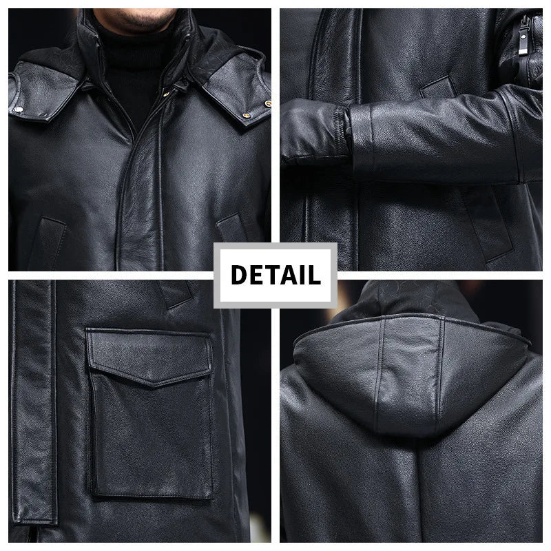 Men's Leather Down Coat, Mid Length, Hooded, Thick Warm Jacket, Large Size Outerwear, Business Male Coat, Winter