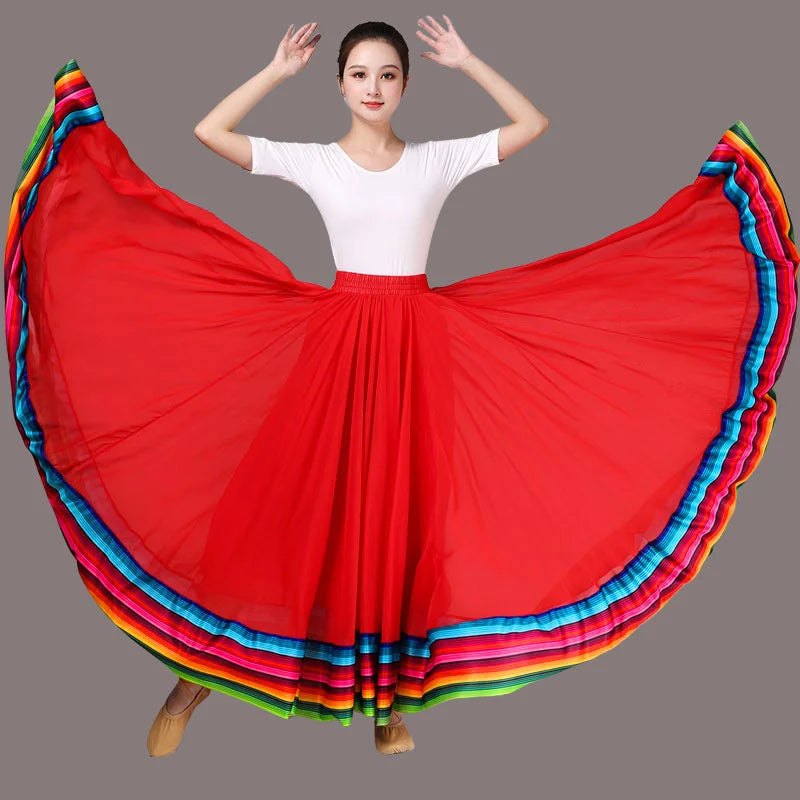 Streetwear Elegant Dance Performance Skirt Women Chiffon Skirts Rainbow-edge Elastic-Waist 720-Degrees Square Danc Maxi Skirts