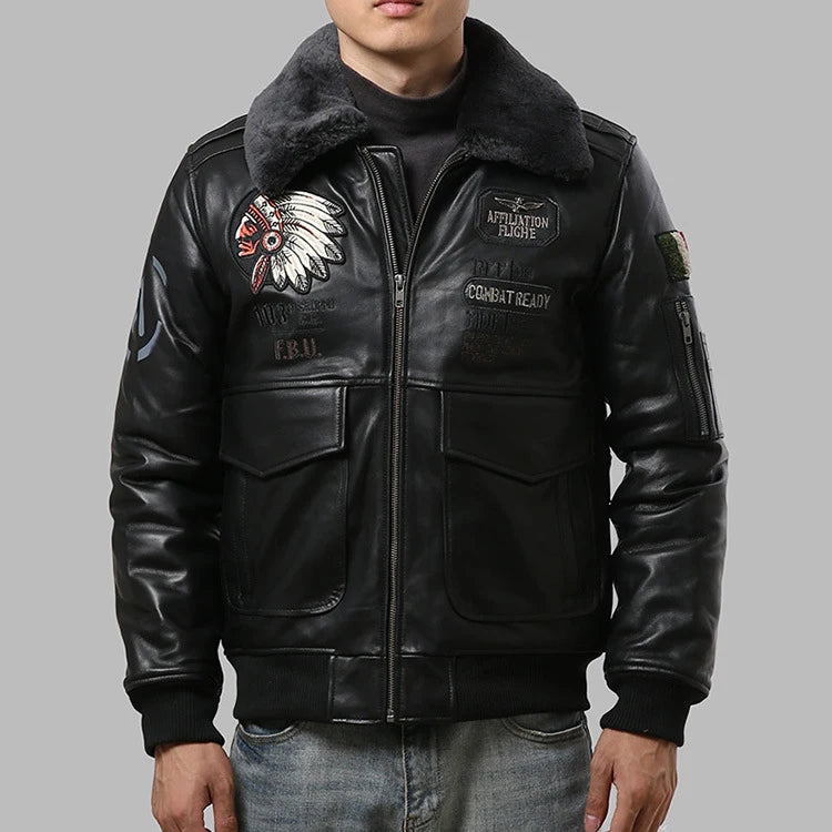 Sheepskin G1 Pilot Clothing Leather Jacket Wool Collar Indian Portrait Embroidery men's Genuine Leather coat Casual Fashion top