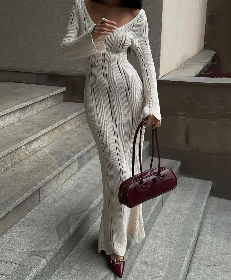 Knitted Hollow Out Maxi Dress – Women's Long Sleeve Off Shoulder Slim Fit.White/Black