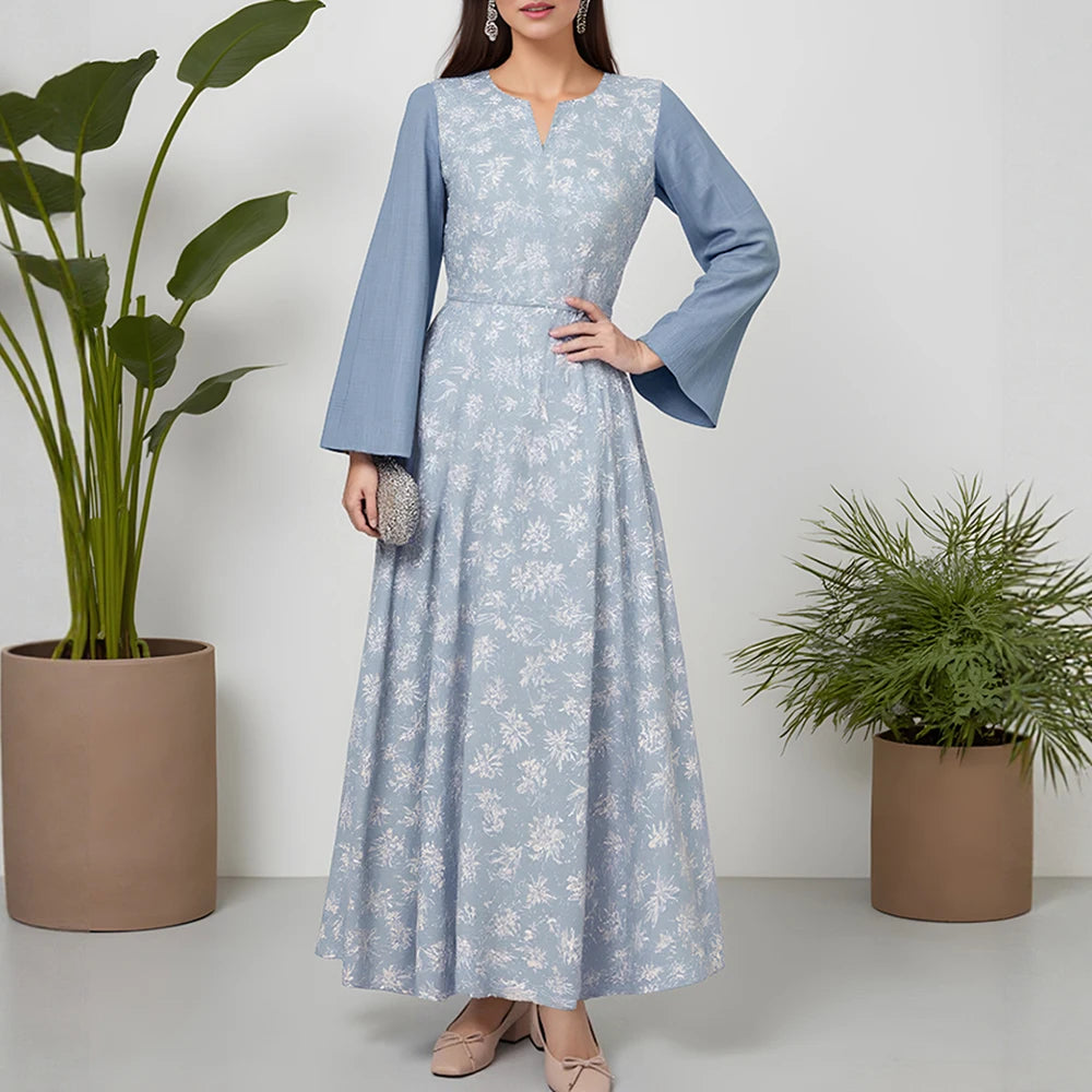 Rafiah Summer Dresses 2025 Women's Elegant Full Print Patchwork Long Sleeve Split Neck Midi A-Line Basics Arabian Dress