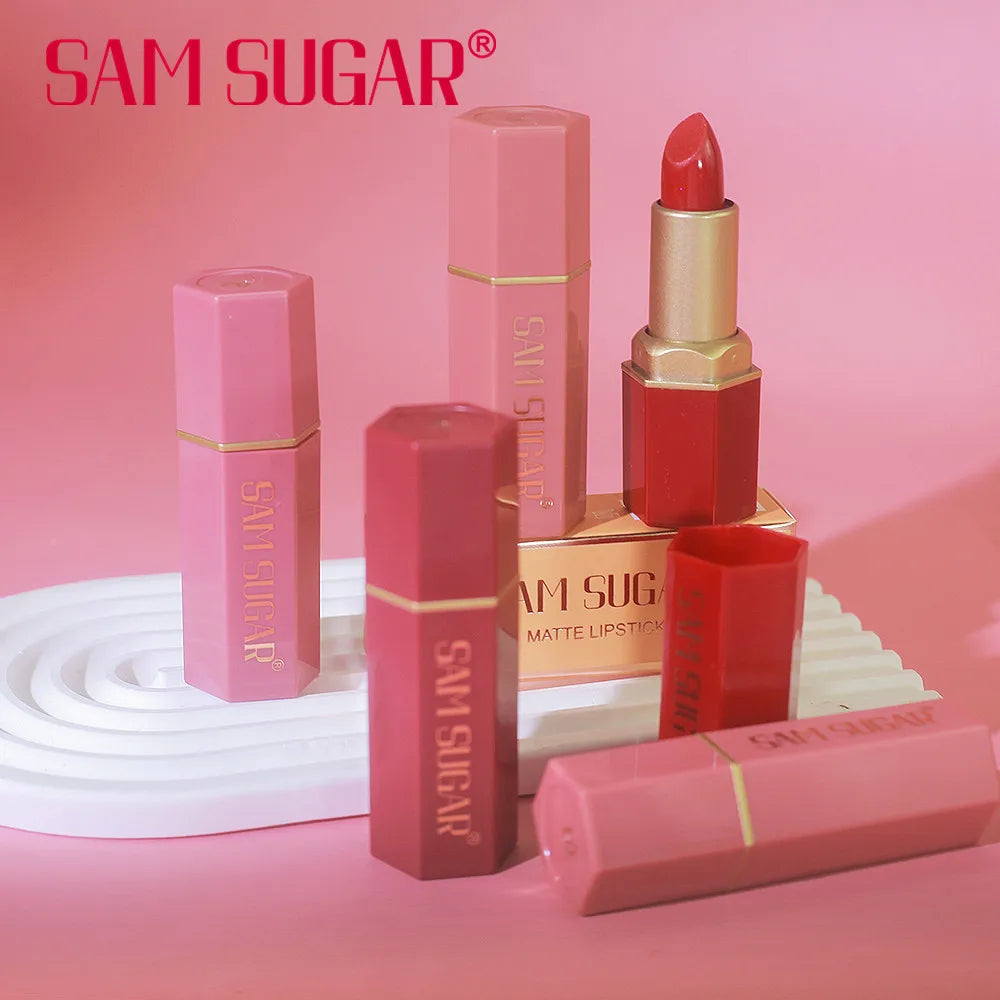 6 Colors Gold Bar Tube Lipstick Matte Texture Pearlescent Glitter Velvet Lipstick Valentine's Day Gift 1PCS
