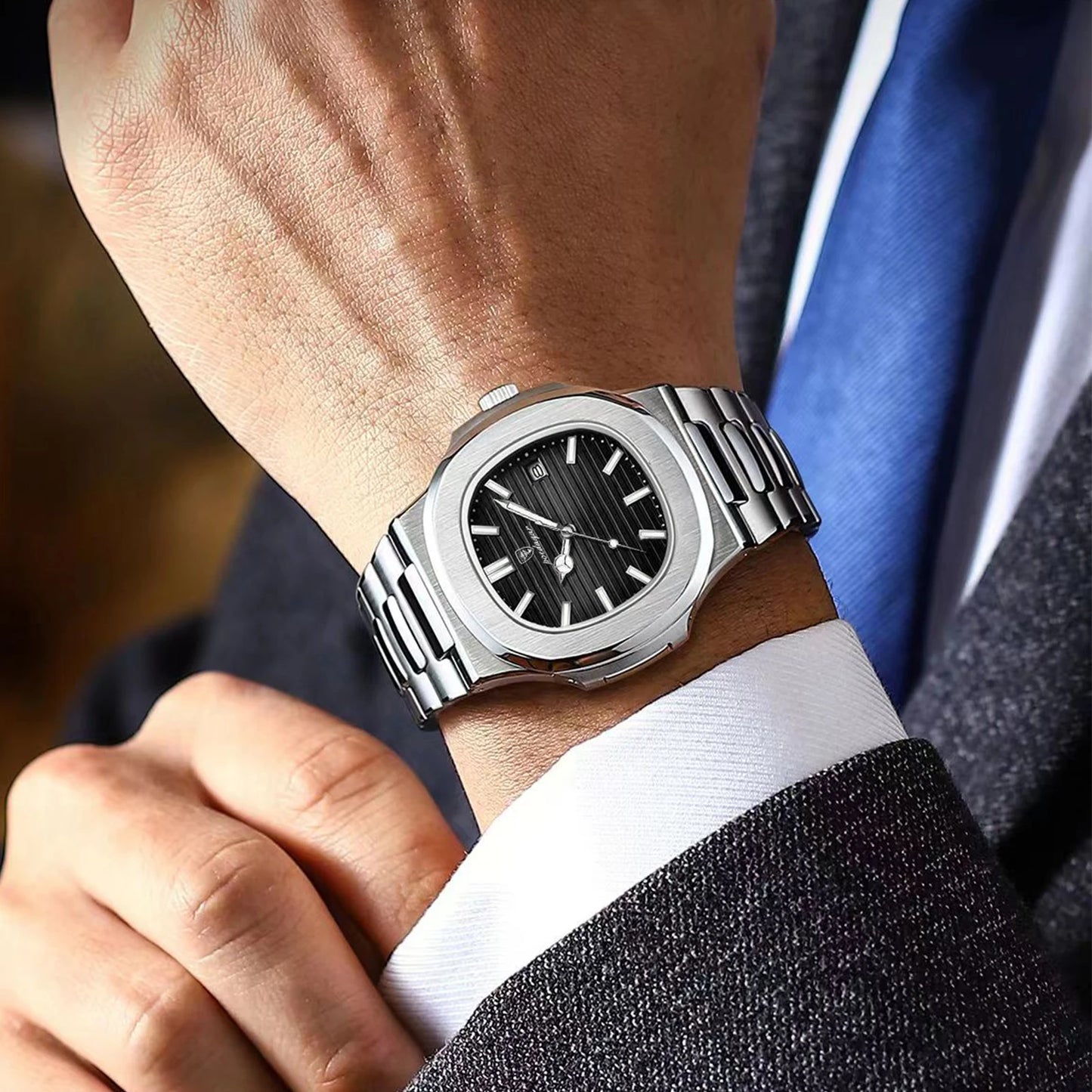 POEDAGAR Square Luxury Men Wristwatch Waterproof Luminous Date Stainless Steel Male Clock Business Sports Quartz Watches For Men