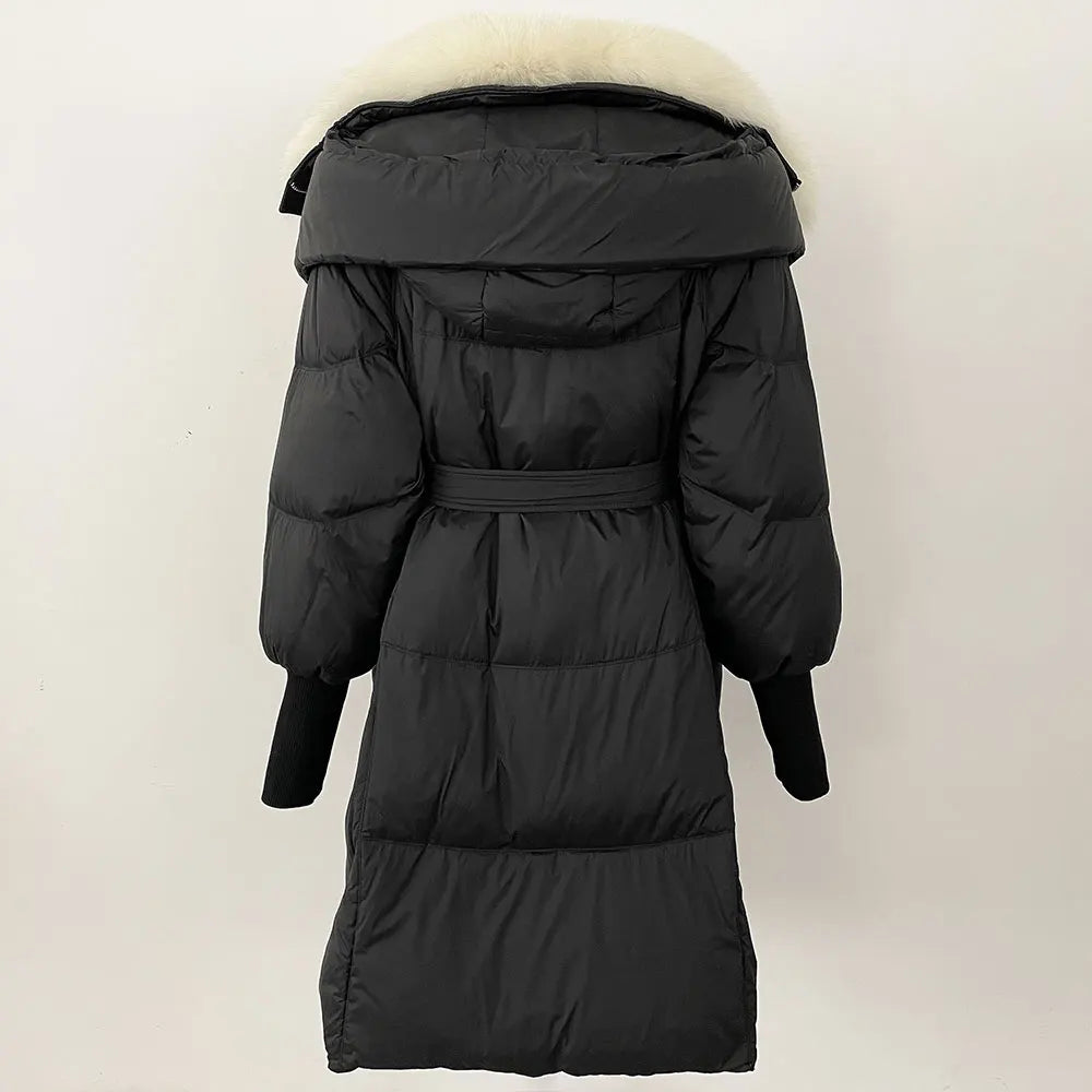 2025 Autumn Winter Women Coat Real Natural Fox Fur Long Down Jacket Thick Warm Casual Hooded White Duck Down Elegant Overwears
