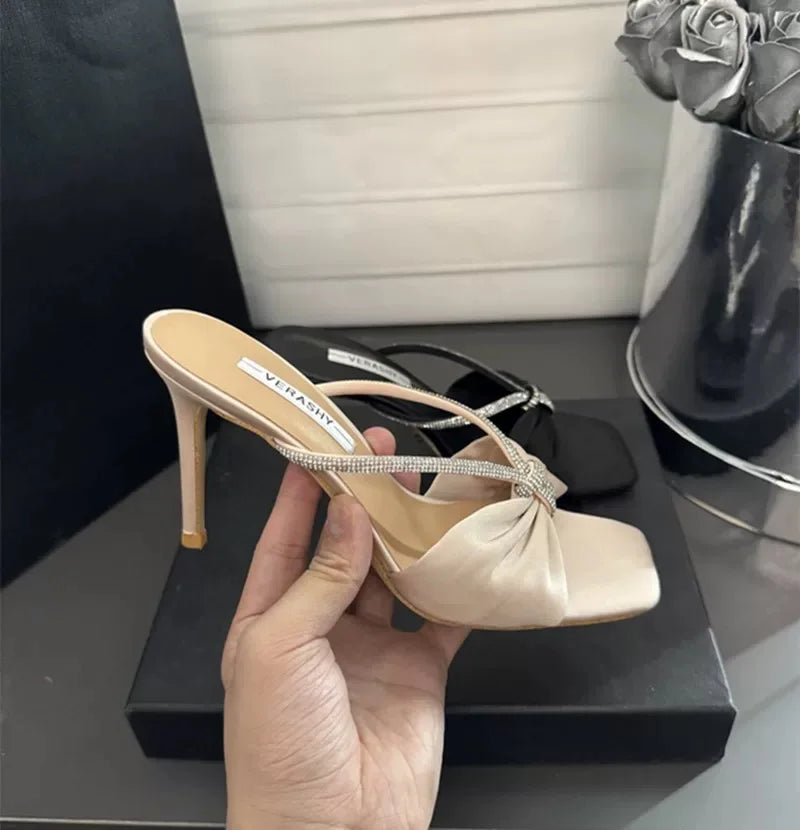 Leopard Satin Rhinestone One-Strap Sandals Women 2025 Summer New Bow Open-Toe Thin High-Heeled Slippers Casual Fashion pump