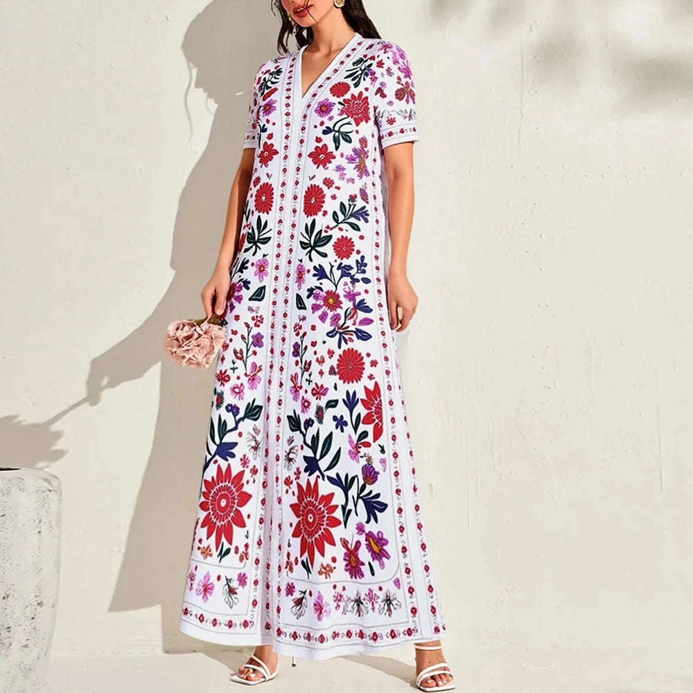 Rafiah Women's Dresses Summer Elegant Decent 2025 Cultural Long Sleeve V-Neck Midi A Line Casual Long Dress