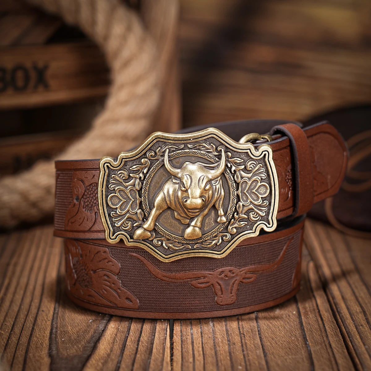 Western denim PU Belt - men's decorative printed carved denim waistband