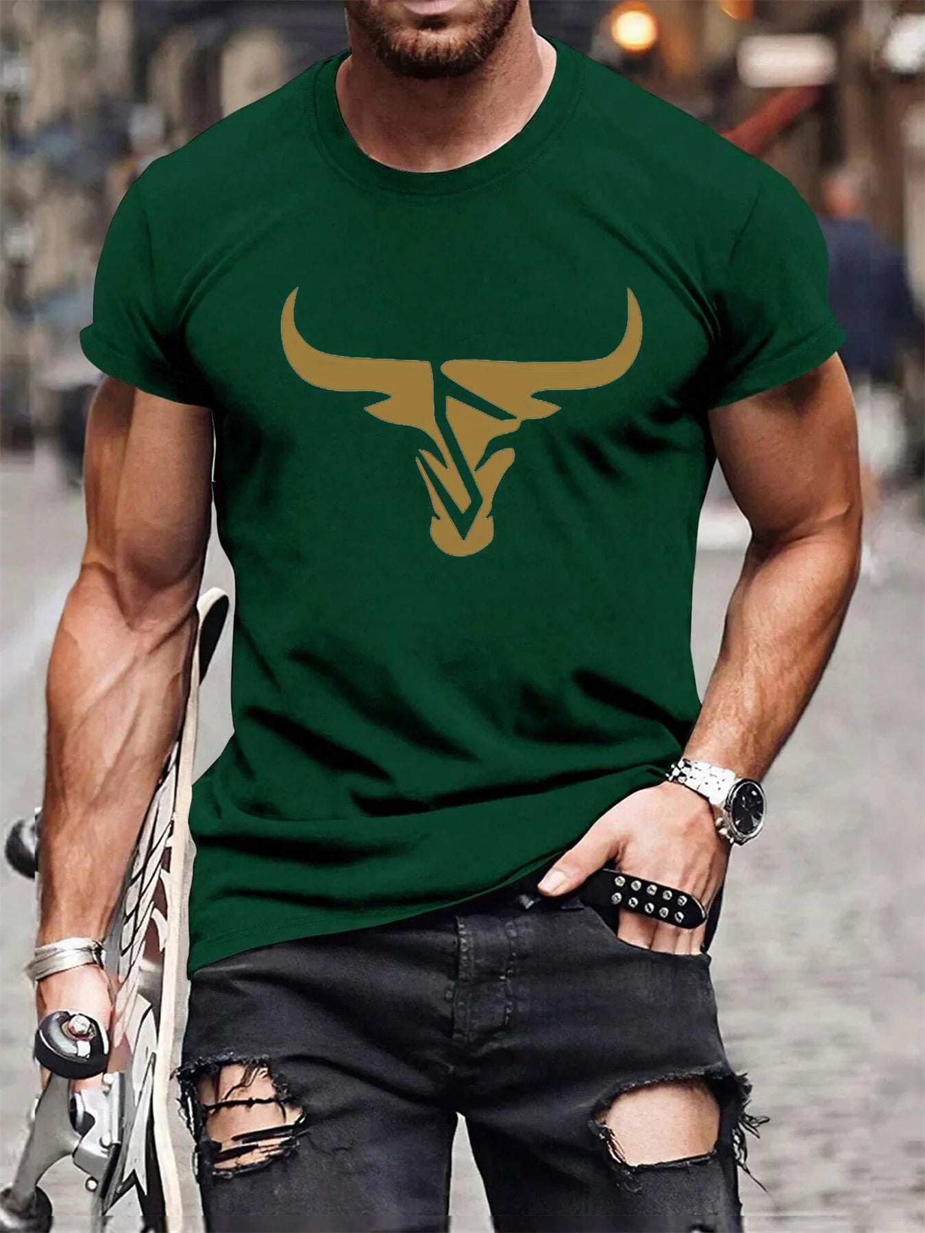 Summer men's 100% pure cotton casual loose fit plus size bull pattern printed comfortable round neck short sleeved T-shirt top