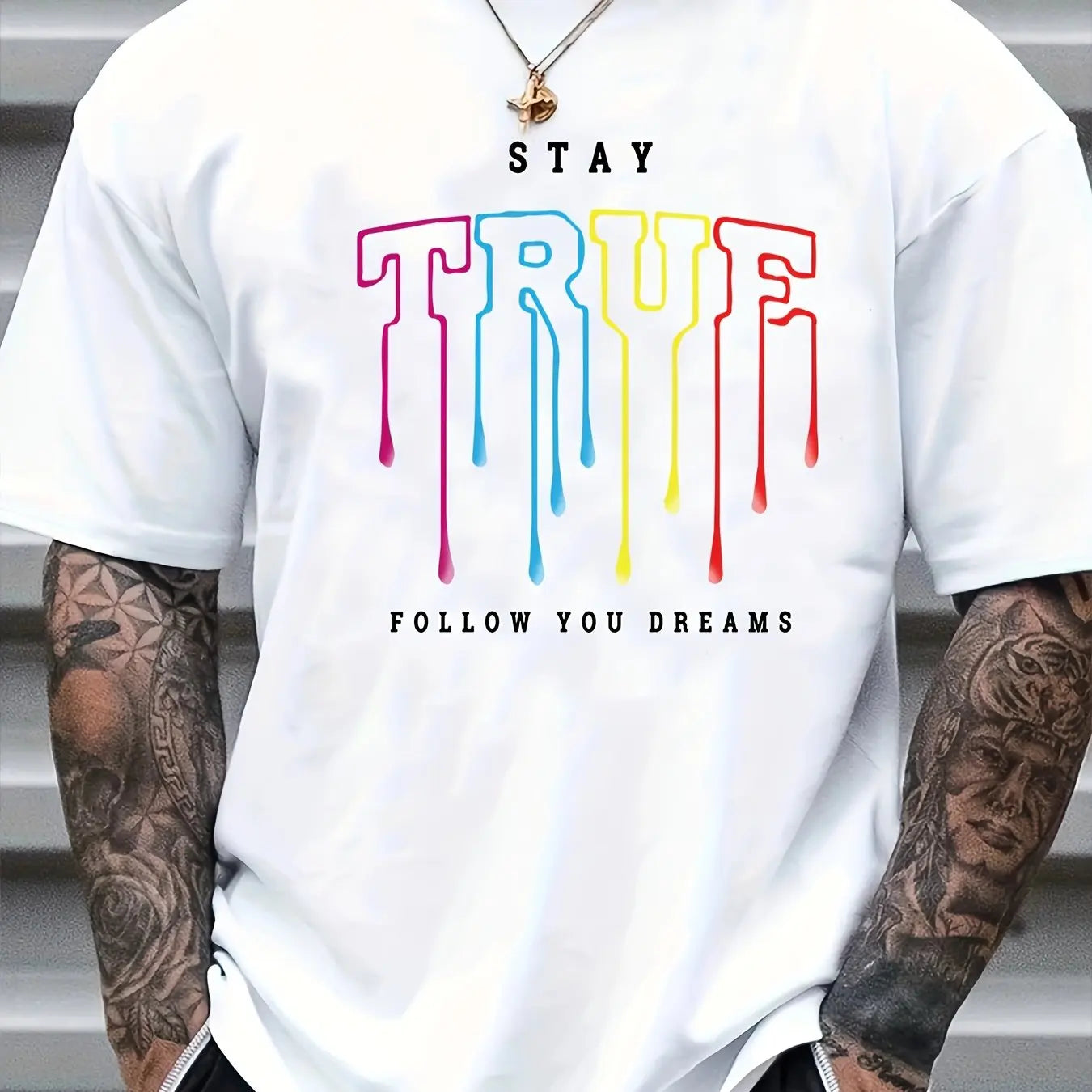 Men’s Summer 100% Cotton Casual T-Shirt,“Stay” Letter Print | Loose Fit | Round Neck | Breathable Comfort