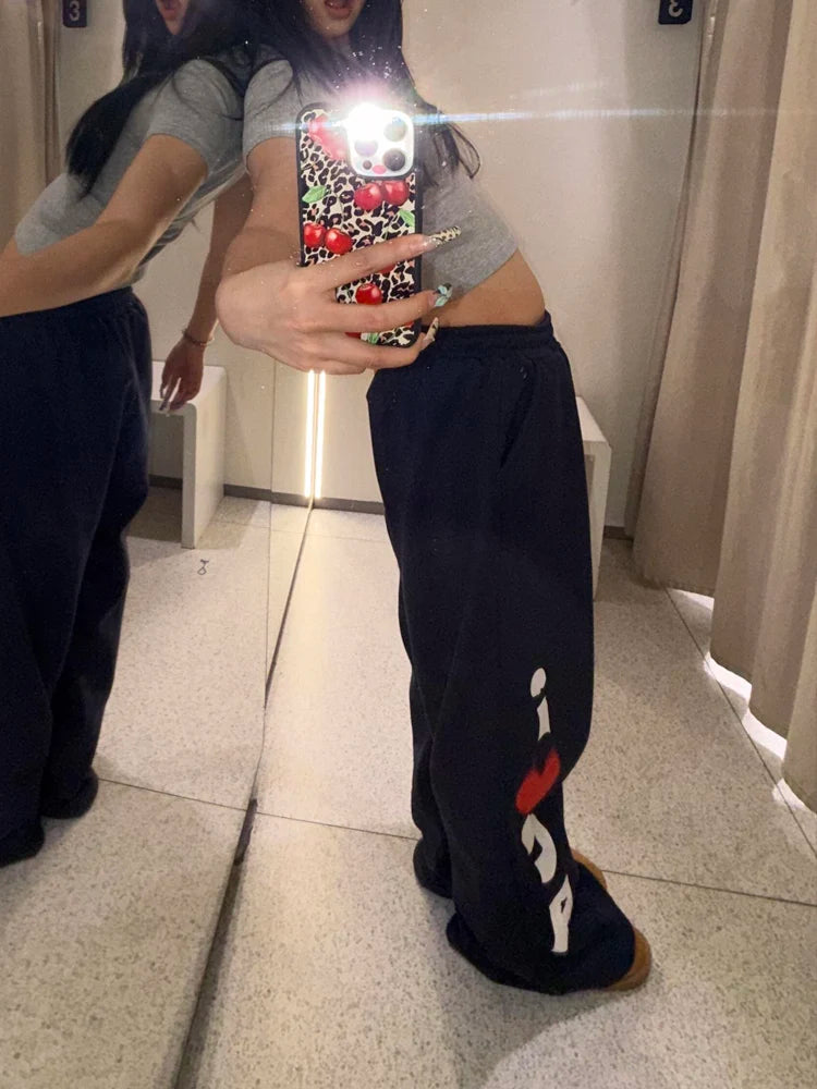 American High Street Spicy Girl Letter Print Wide Leg Casual Pants Women Spring Summer Loose Slim High Waist Dstring Strai...