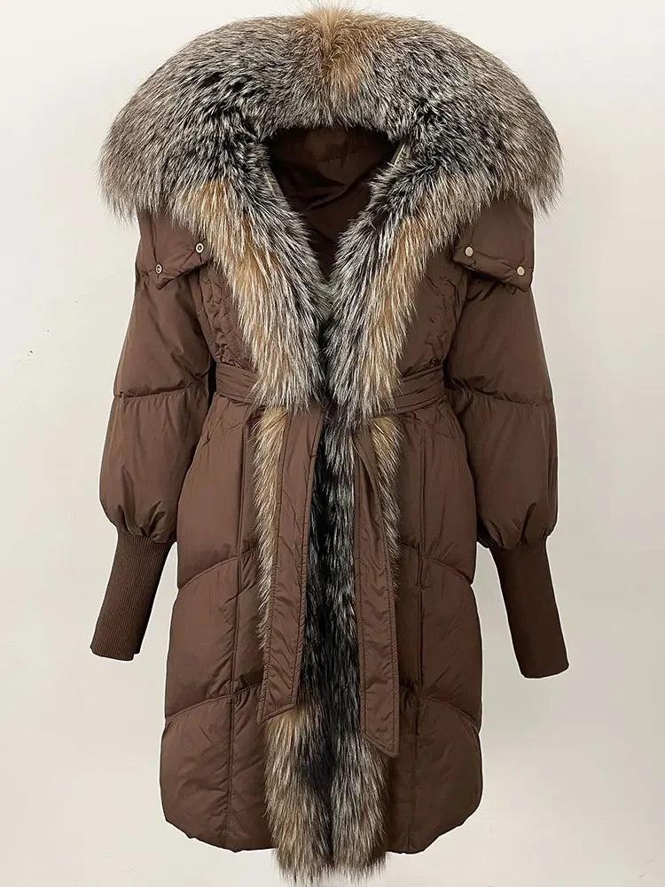 2025 Autumn Winter Women Coat Real Natural Fox Fur Long Down Jacket Thick Warm Casual Hooded White Duck Down Elegant Overwears