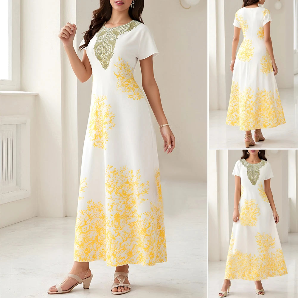 Rafiah Summer Long Arabian Dress 2025 Casual Daily Graphic Printing Short Sleeve Round Neck A-Line Shift Dresses