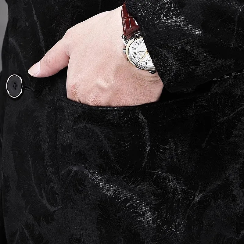 Business Men Work Slim Fit Real Sheepskin Genuine Leather Jacket Spring Autumn Floral Printed Single Breasted Blazer Suit Coat