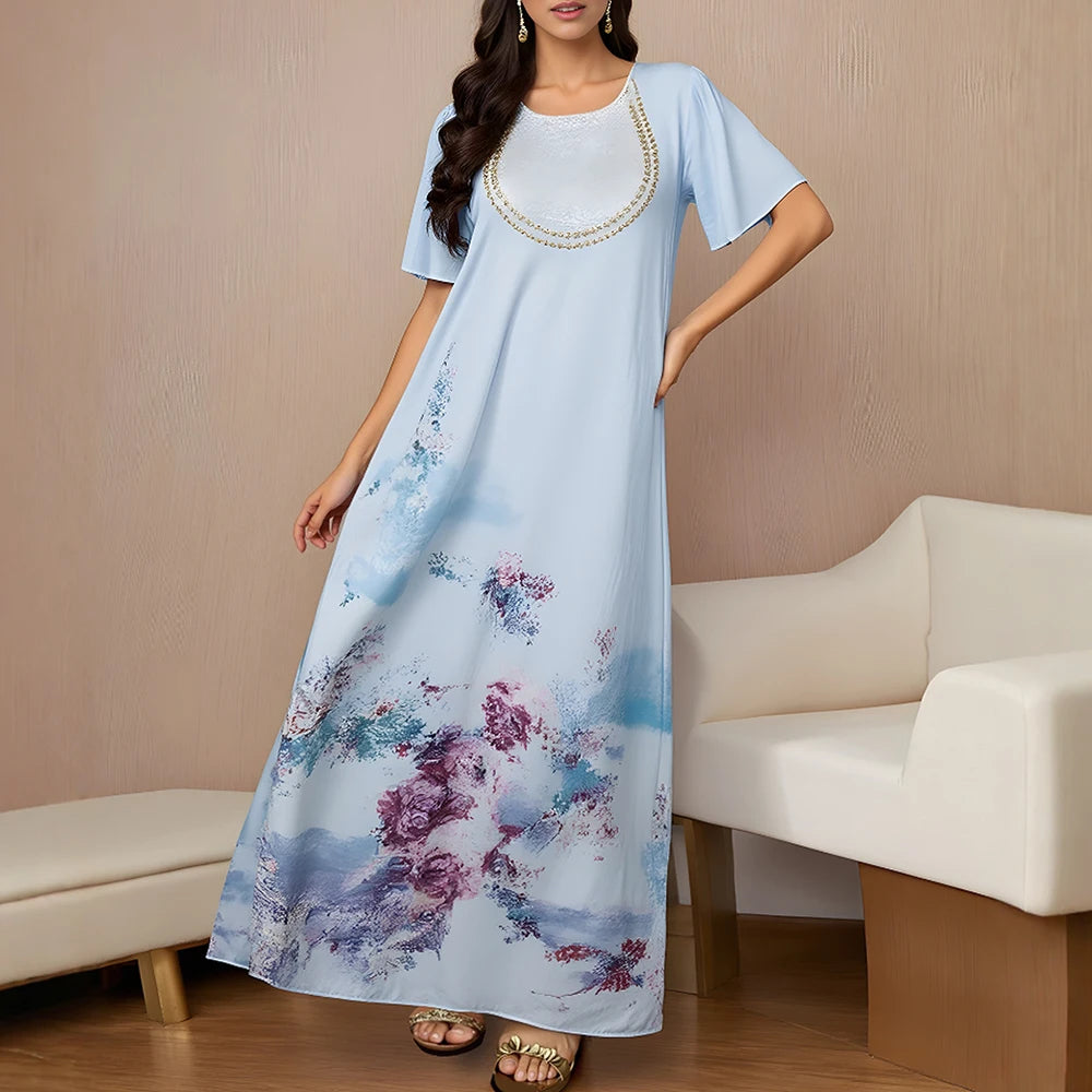 Rafiah Women's Long Dresses Summer Elegant 2025 Tie Dye Muslim Short Sleeve Round Neck A-Line Midi Vacation Dresses