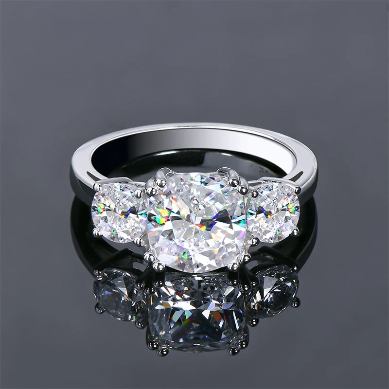 Lnngy Round Cushion Cut Moissanite Engagement Ring for Women 925 Sterling Silver Three Stone Wedding Ring Sparkling Jewelry Gift