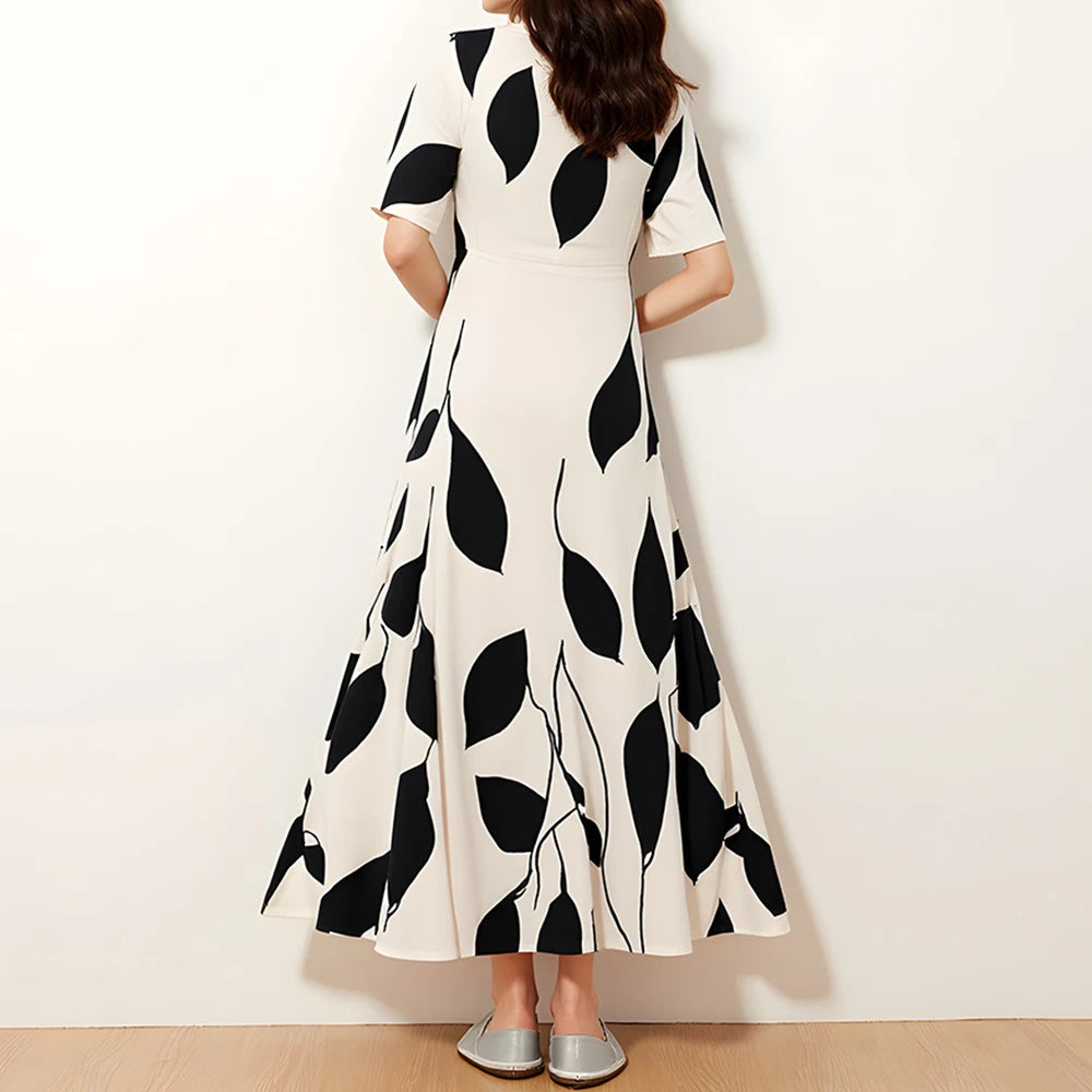 Rafiah Summer Arabian Dress 2025 Fashion Decent Contrast Color Short Sleeve V-Neck Midi A-Line Long Dress For Women