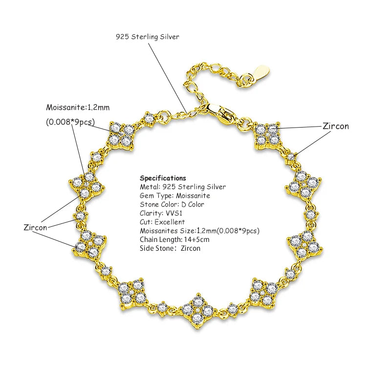 RAPRGOLD GRA Certified Moissanite Four Clover Flower Bracelets for Women 925 Sterling Silver Bracelet Chain Wedding Jewelry Gift