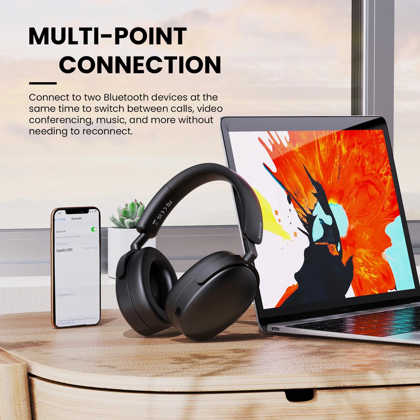 Oneodio SuperEQ A200 ANC Wireless Bluetooth 5.4 Headphones Active Noise Canceling Over Ear Headset With ENC Mic Hi-Res Audio APP