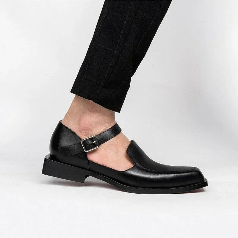 Black Men Summer Sandals – PU Leather Square-Toe Dress Shoes with Buckle Strap (EU 38–48)