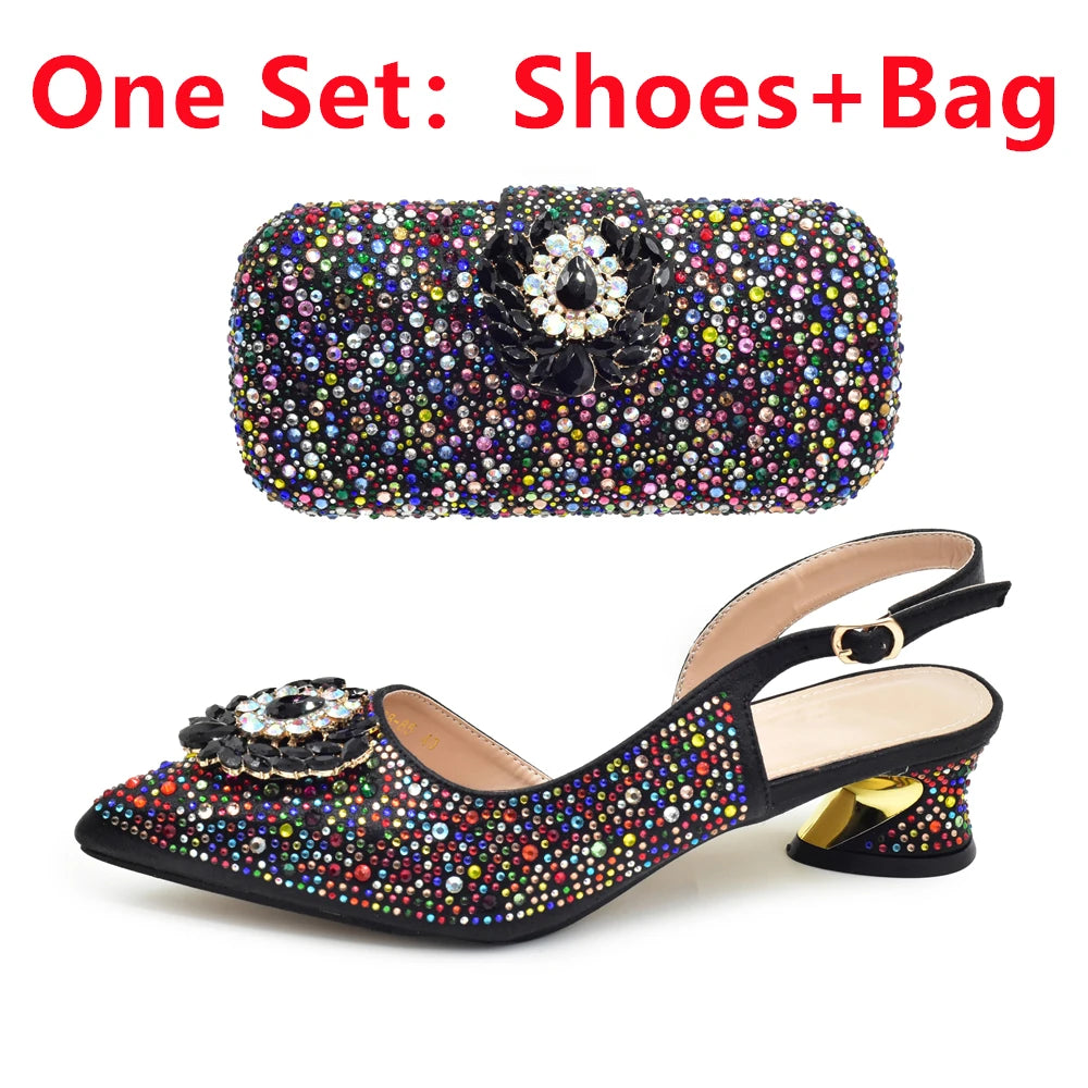 New Italian Shoe and Bag 2025 High Quality Luxury Full Diamond Italian Shoes and Bags Matching Set Decorated with Rhinestone