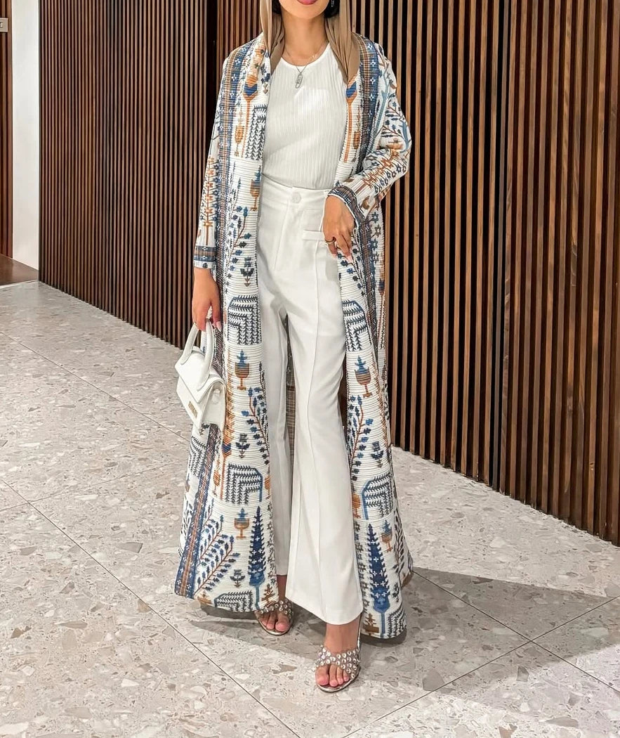 KAF Pleated Women Trench Coat Vintage Printed Cardigan Design Loose Plus Size Women Long Dress Dubai Female Luxury Abaya 2024