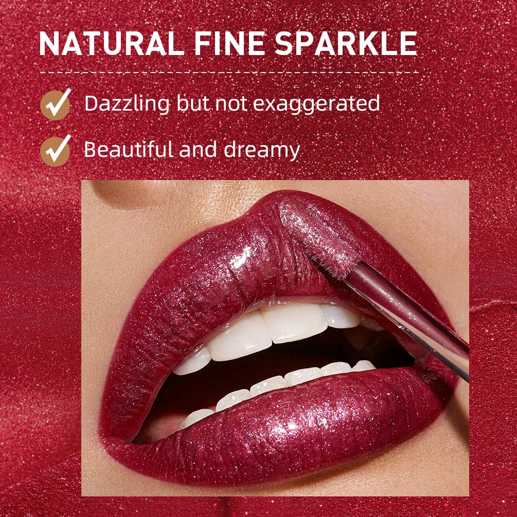 QIBEST Shimmer Lip Gloss Diamond Glitter Lip Tint Waterproof Long Lasting Matte Liquid Lipstick Red Purple Lipgloss Women Makeup