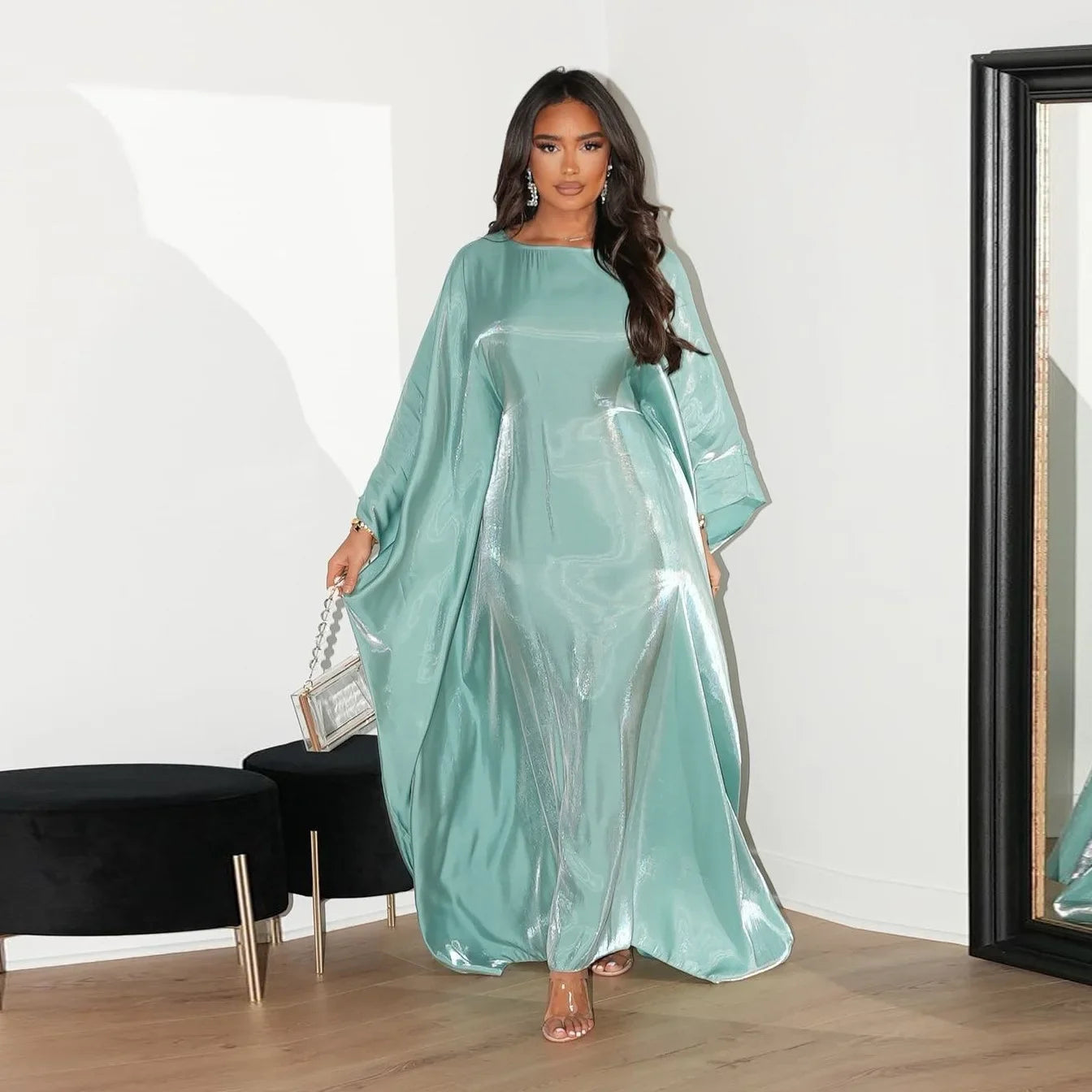 Batwing Butterfly Sleeve Satin Dress Abaya Dubai Muslim Maxi Dress Kaftan Abayas for Women Kebaya Caftan Robe Femme Vestidos