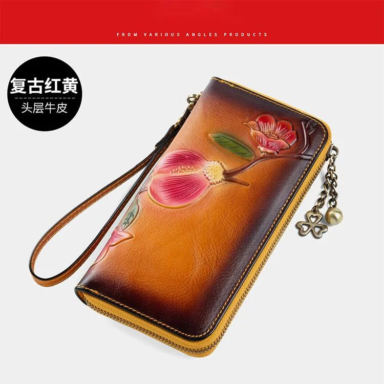 MOTAORA Vintage Genuine Leather Women's Long Wallet | RFID Protected Zipper Purse with Card Holders & Phone Pocket