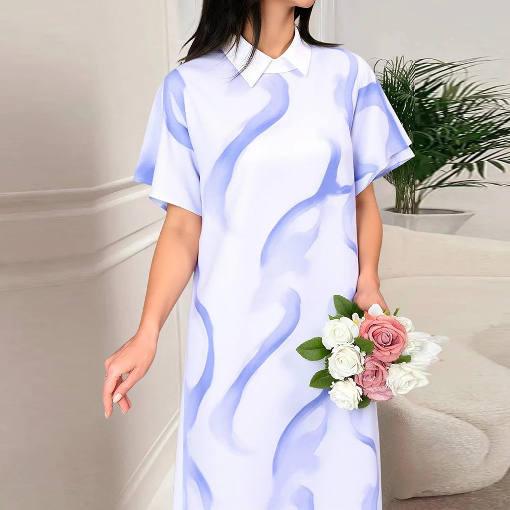 Rafiah Women's Summer Long Arabian Dress Fashion Daily Gradient Short Sleeve Polo Collar Midi Loose Fit Shift Dresses
