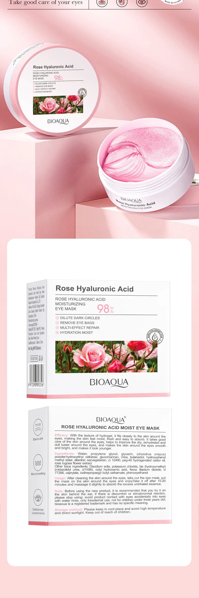 60pcs BIOAQUA Rose Hyaluronic Acid Eye Mask Anti Dark Circles Eye Bags Moisturizing Firming Eye Patches Skin Care Products