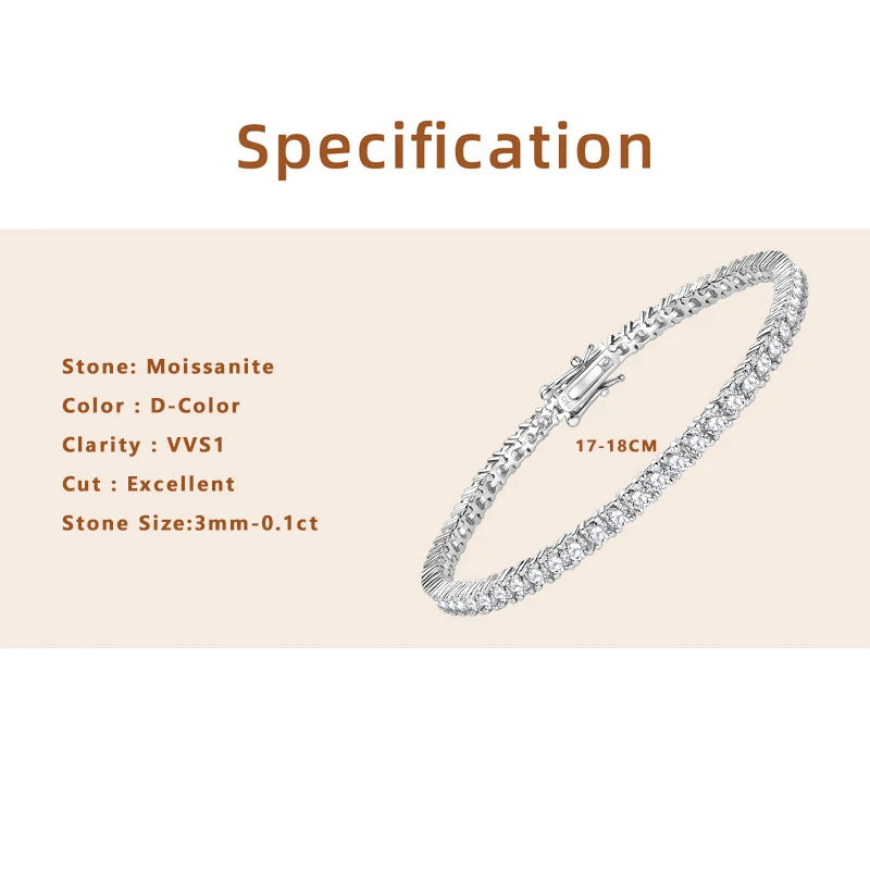 Lnngy 3MM Moissanite Tennis Bracelet With GRA For Women Men Certified 925 Sterling Silver Bracelets Sparkling Hand Jewelry Gift