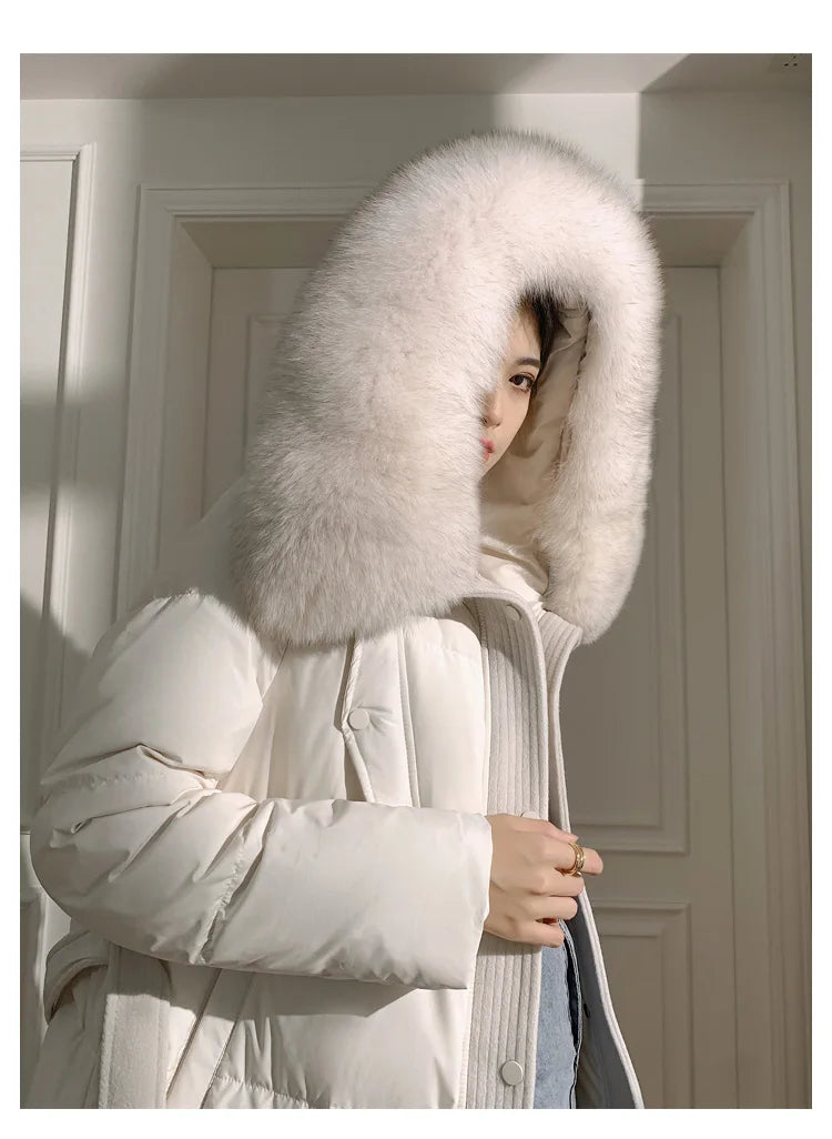 Women’s Luxury White Goose Down Coat – Hooded Long Jacket with Fox Fur Collar & Belt
