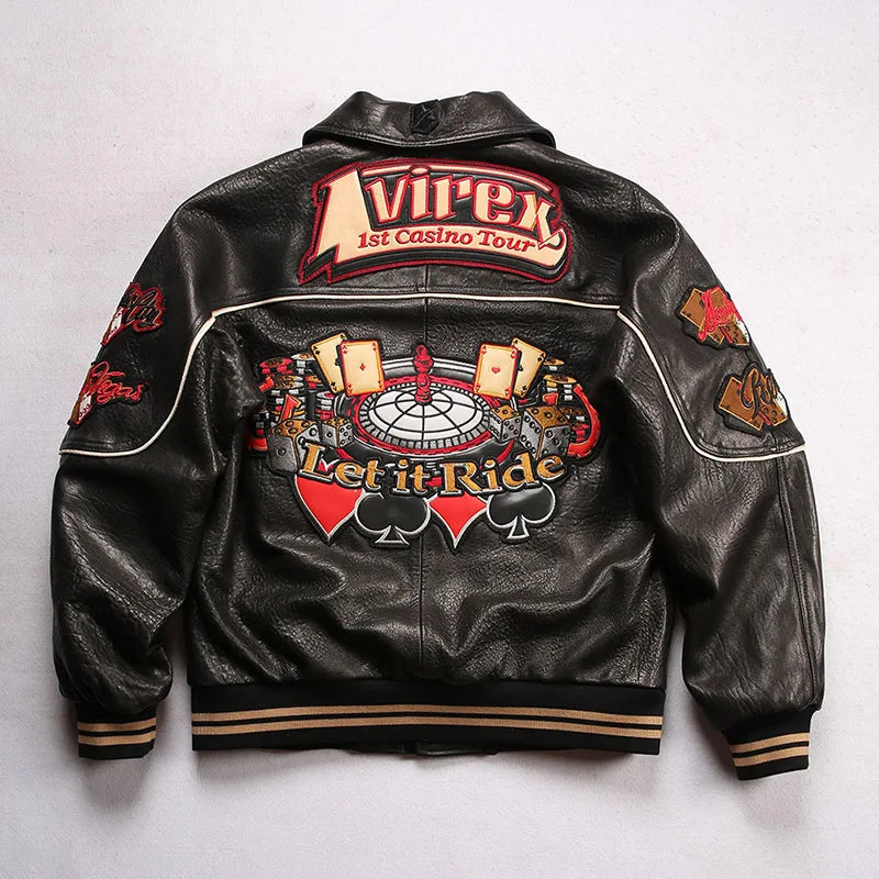 Men leather jacket sheepskin retro leisure Europe the United States large size flight suit loose version casino poker warm